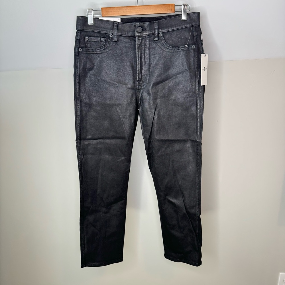 7 For All Mankind Faux Leather Black Shimmer Denim Jeans Cropped Straight 30 NWT